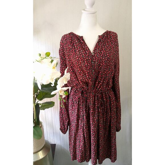 Loft Long Sleeve Side Tie Swing Dress Red Mini Floral Print-NWT Women's Large - Picture 2 of 10